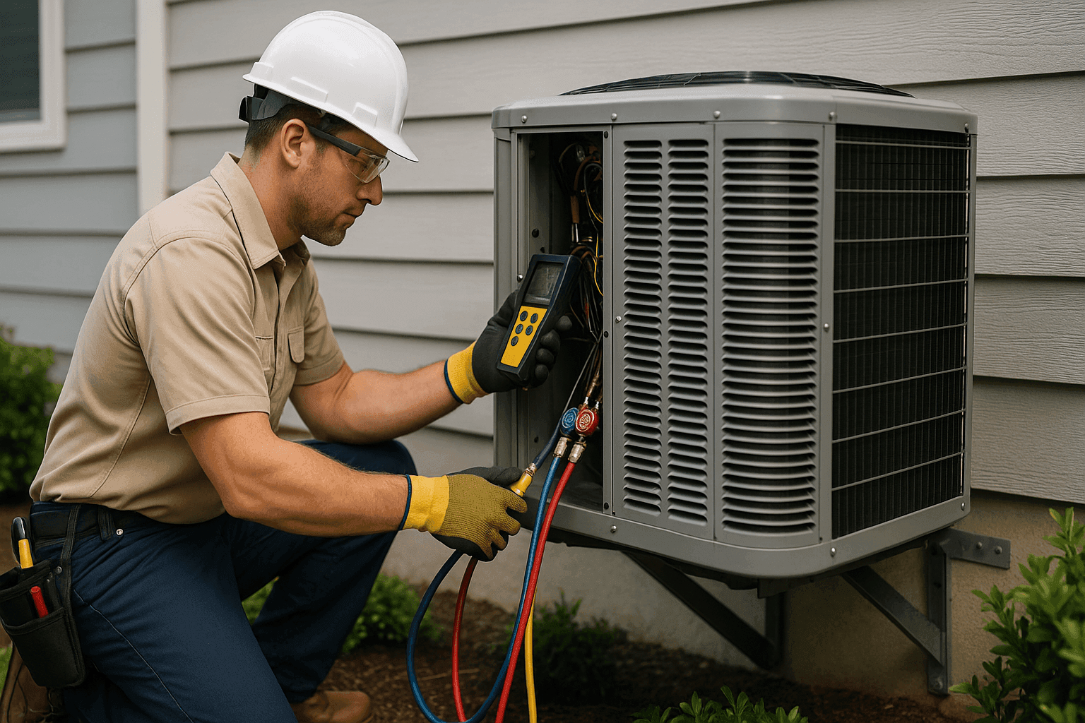 Technician checking residential AC unit for issues