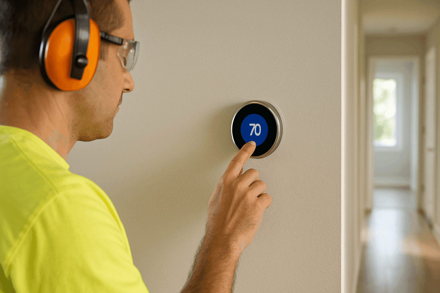 Homeowner programming smart thermostat on wall