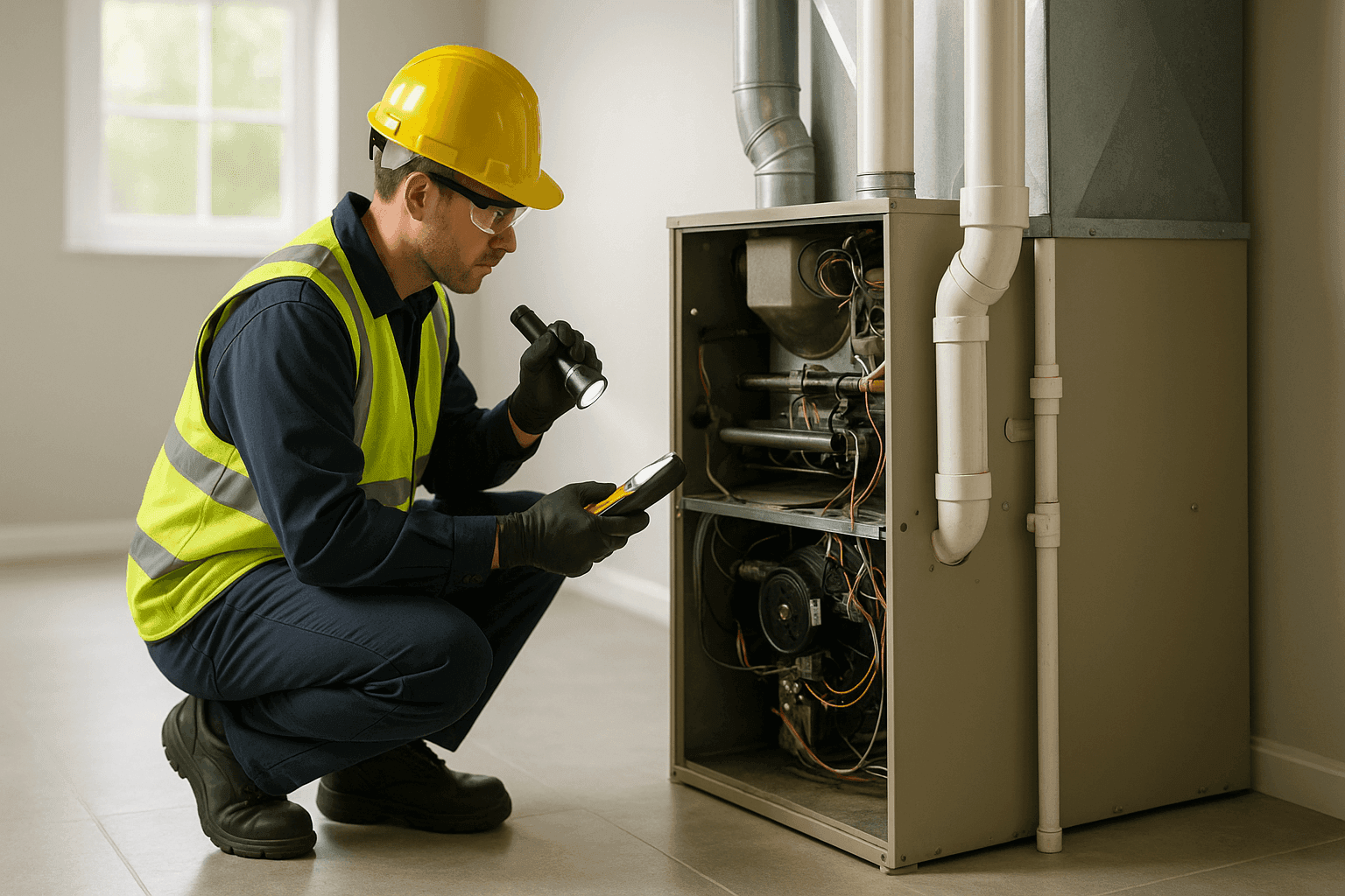 Technician checking aging home furnace for repair or replacement