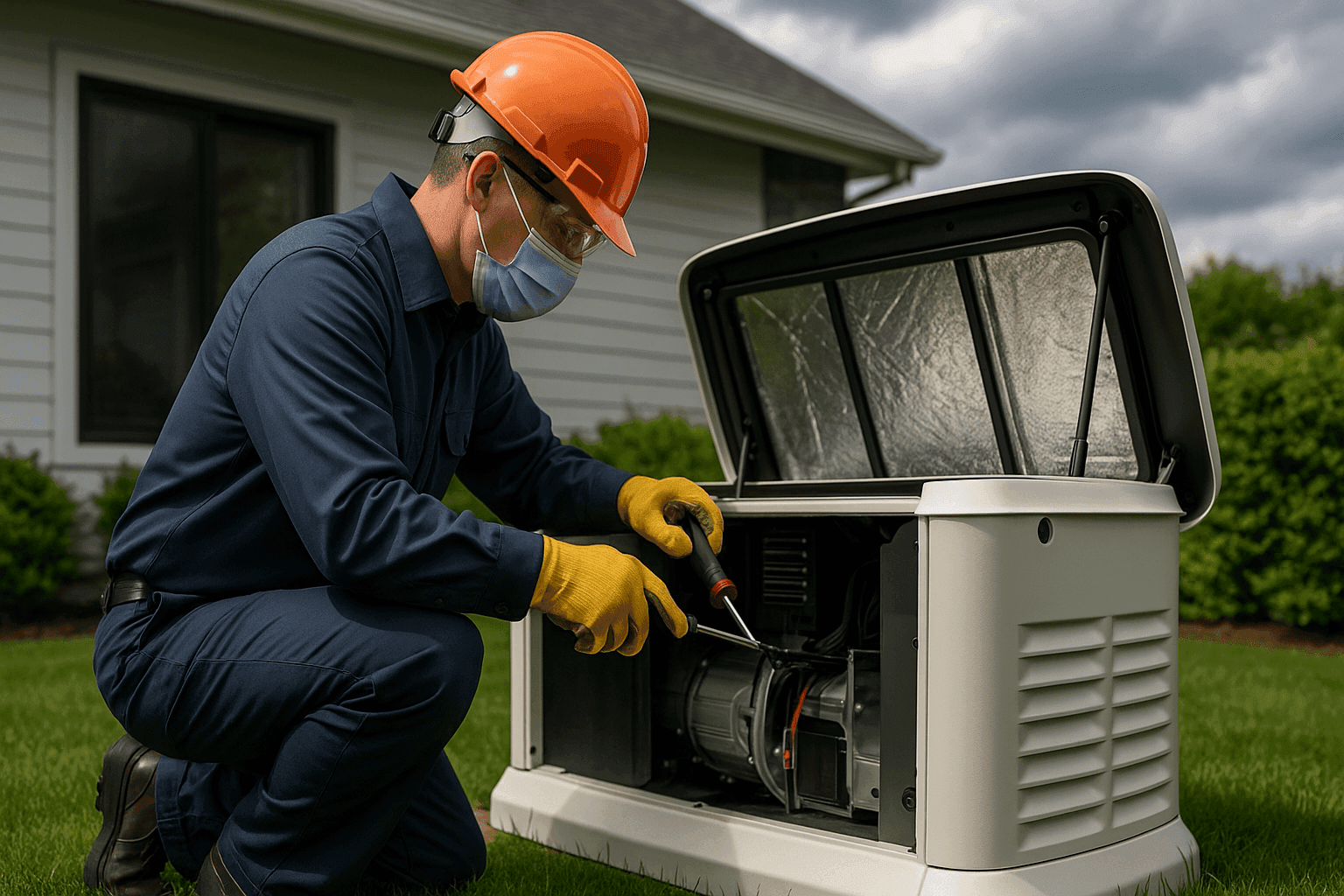Technician performing maintenance on home backup generator