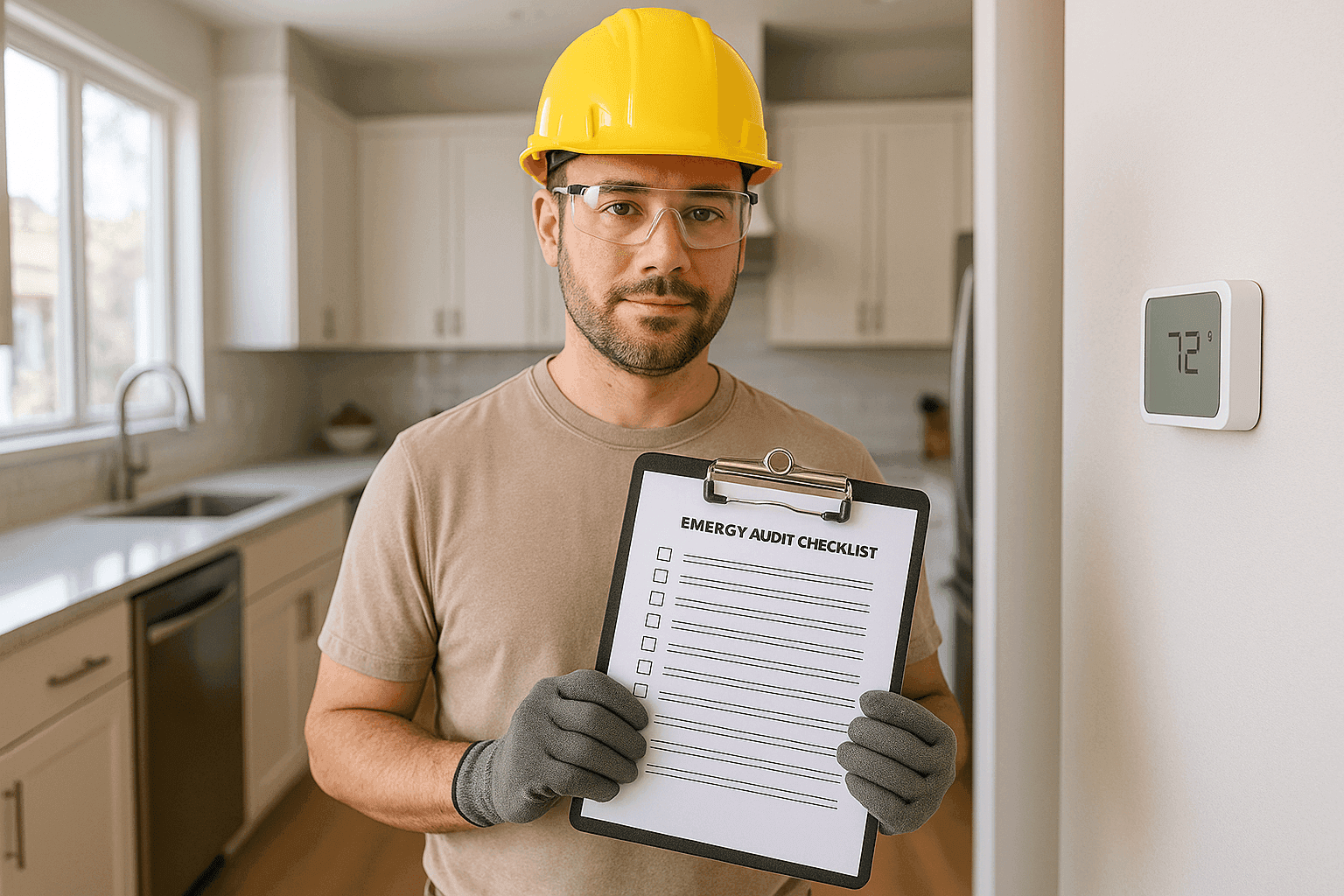 Homeowner reviewing energy audit checklist in kitchen