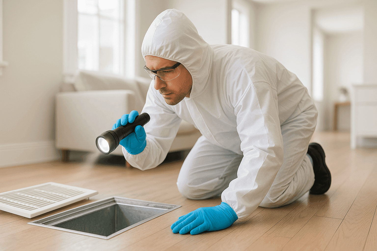 Technician inspecting clean residential air ducts