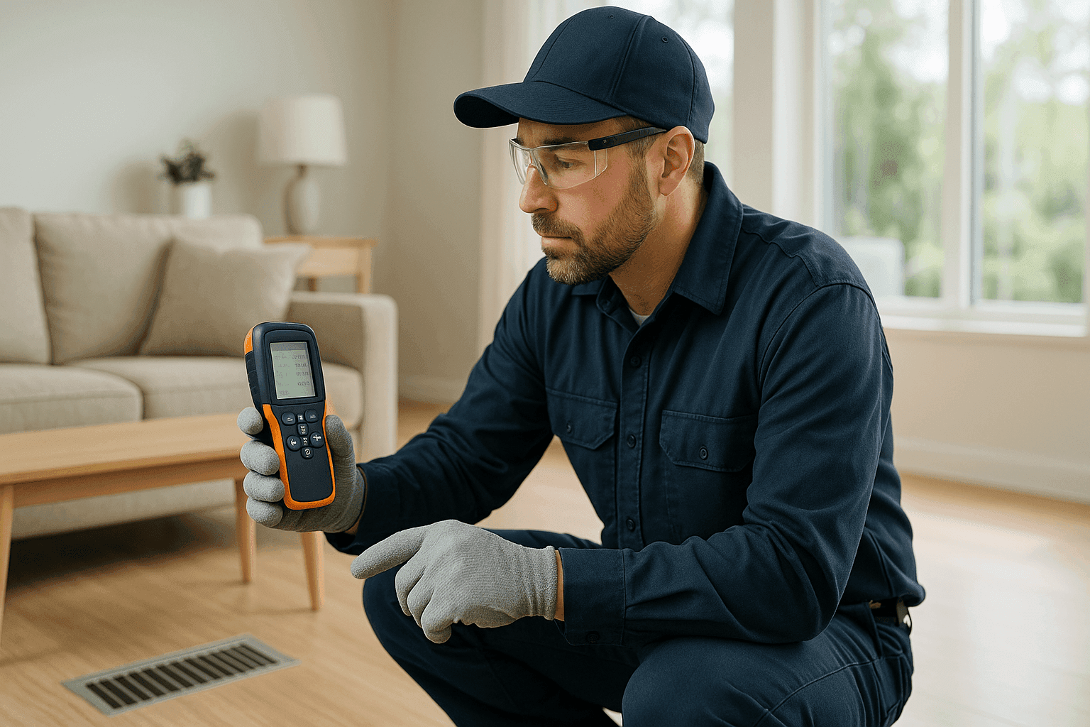 Technician testing indoor air quality in modern living room