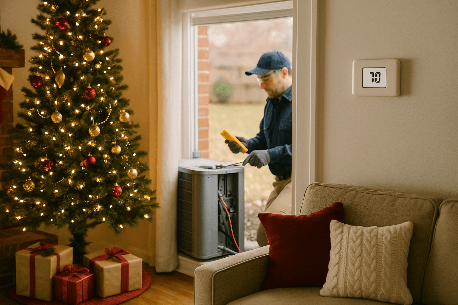 Technician inspecting HVAC system during holiday season preparation