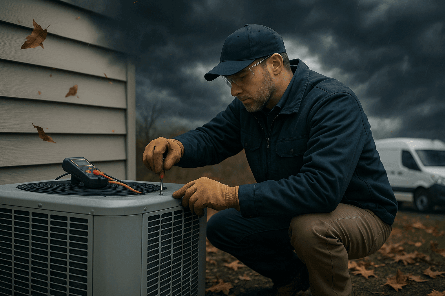 Técnico HVAC realizando mantenimiento en unidad exterior antes de la tormenta