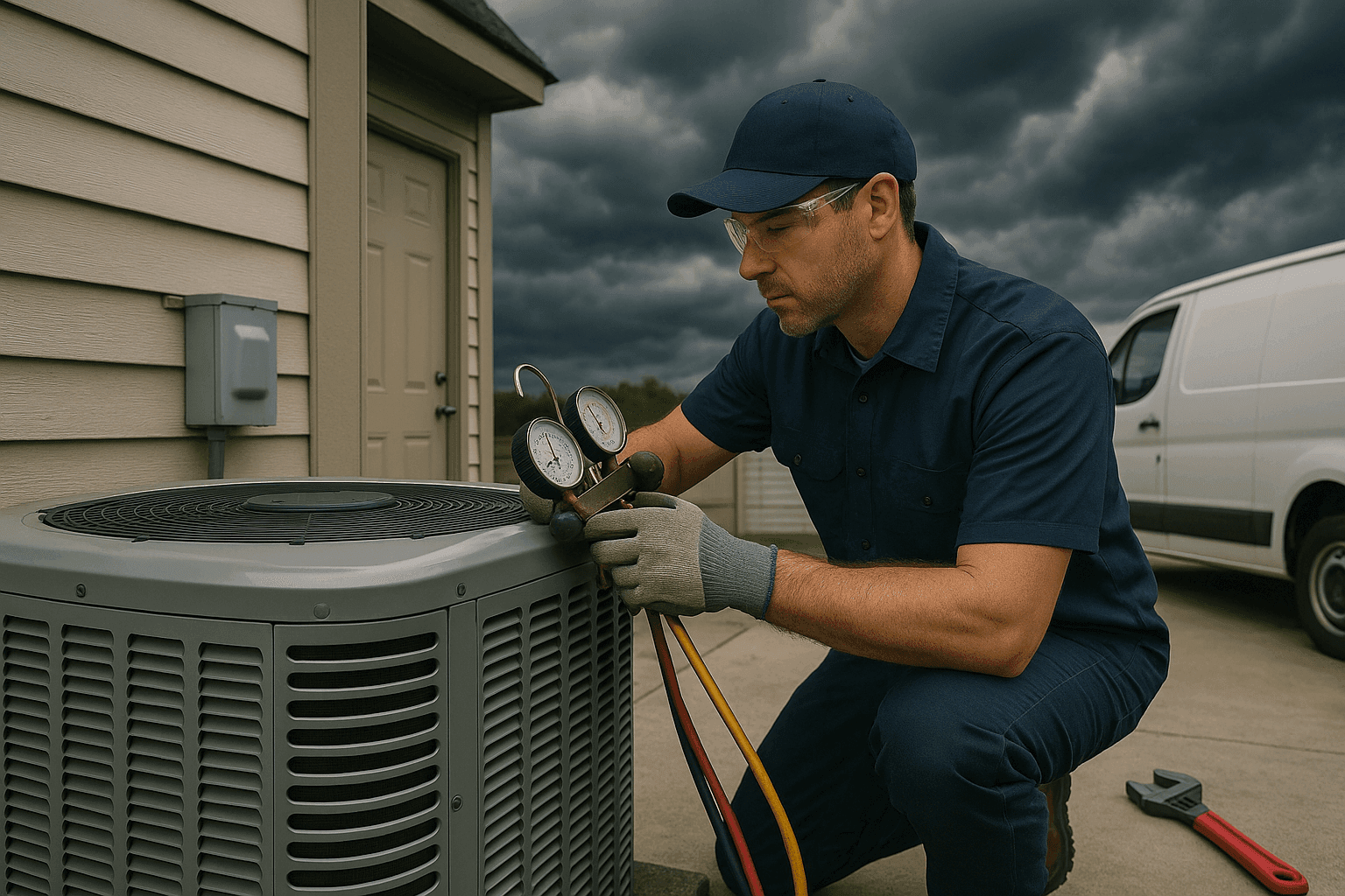 Técnico HVAC realizando mantenimiento en unidad de aire acondicionado exterior antes de clima severo