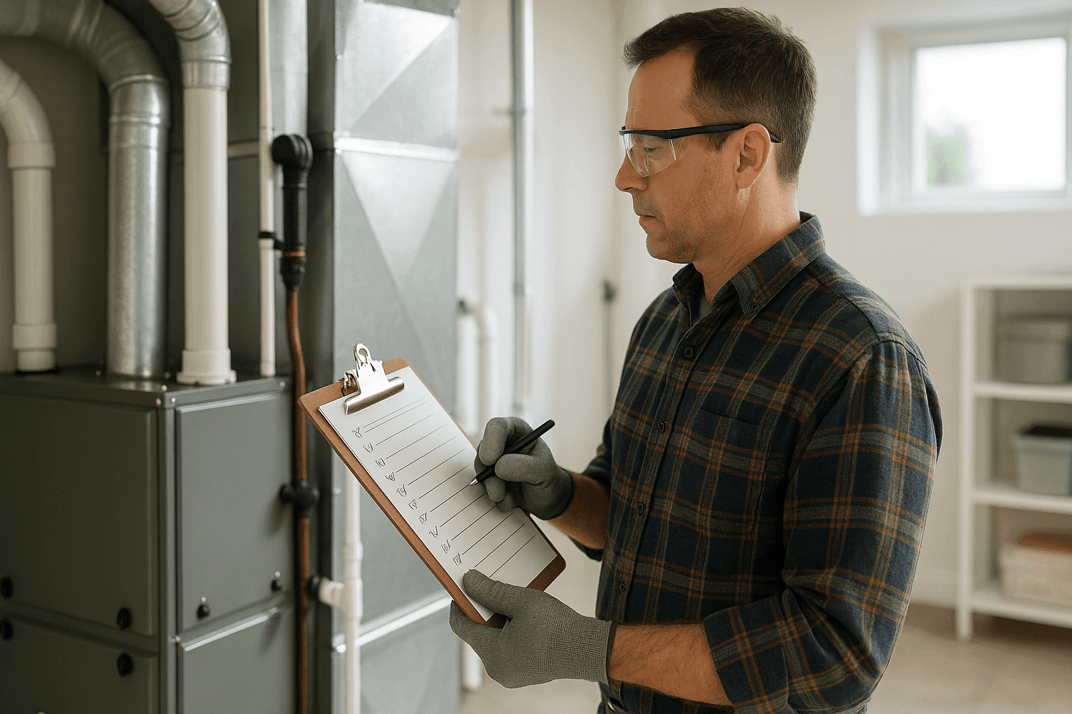 Homeowner checking HVAC maintenance list by furnace