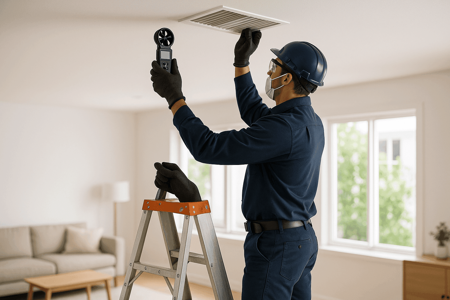 Técnico midiendo el flujo de aire en una rejilla residencial
