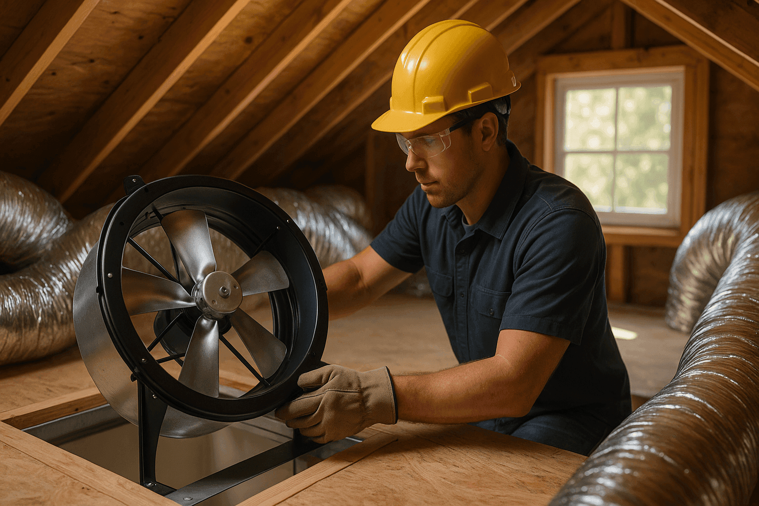 Technician installing whole-house fan in attic