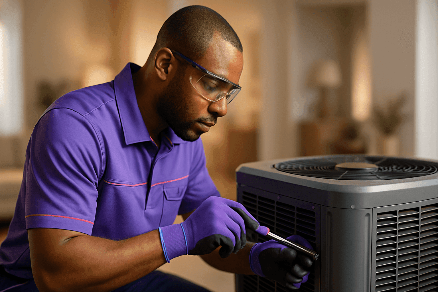 HVAC technician in purple uniform inspecting modern indoor HVAC unit in tidy home in Washington