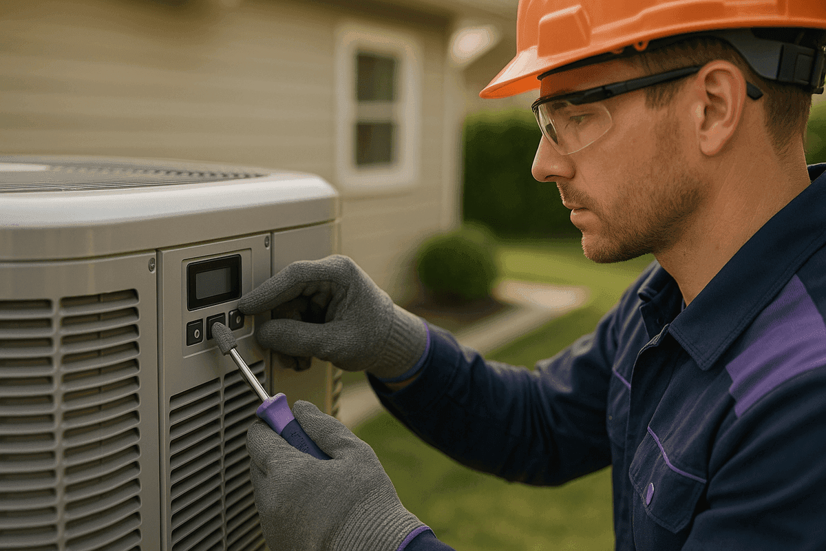 Gloved hands adjusting outdoor air conditioning unit control panel in residential backyard in Washington